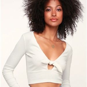 Lulus Poppi White Ribbed Tie-Front Long Sleeve Crop Top